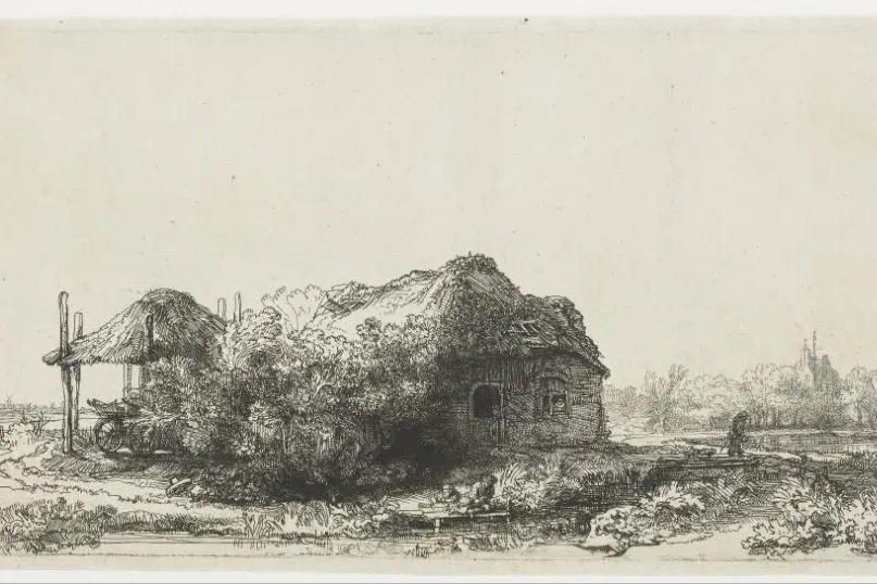 Rembrandt van Rijn, «Landscape with a Cottage and Hay Barn», 1641, acquaforte. Rijksmuseum, Amsterdam. Immagine di pubblico dominio. Diritti dell'immagine riservati.